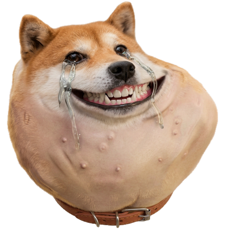 Help Inu, a round shiba inu with streaming tears and a wide grin, wearing a brown collar