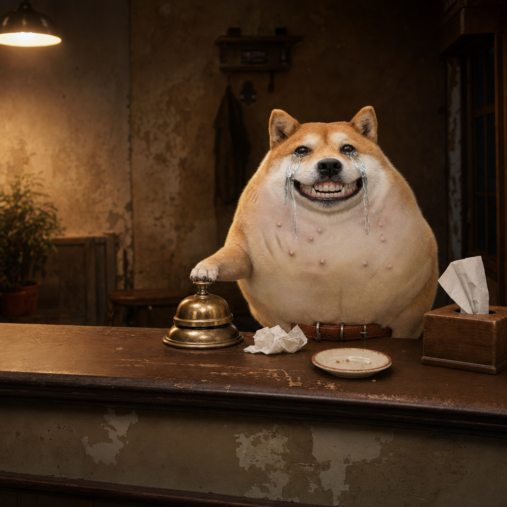Help Inu at a worn wooden help desk, paw on a brass bell, beside a tissue box and an empty biscuit plate